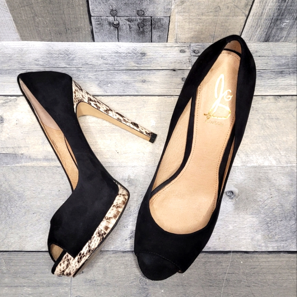 Joan & David Black Suede Peep Toe Snake Skin High Heels 🔥Excellent!🔥